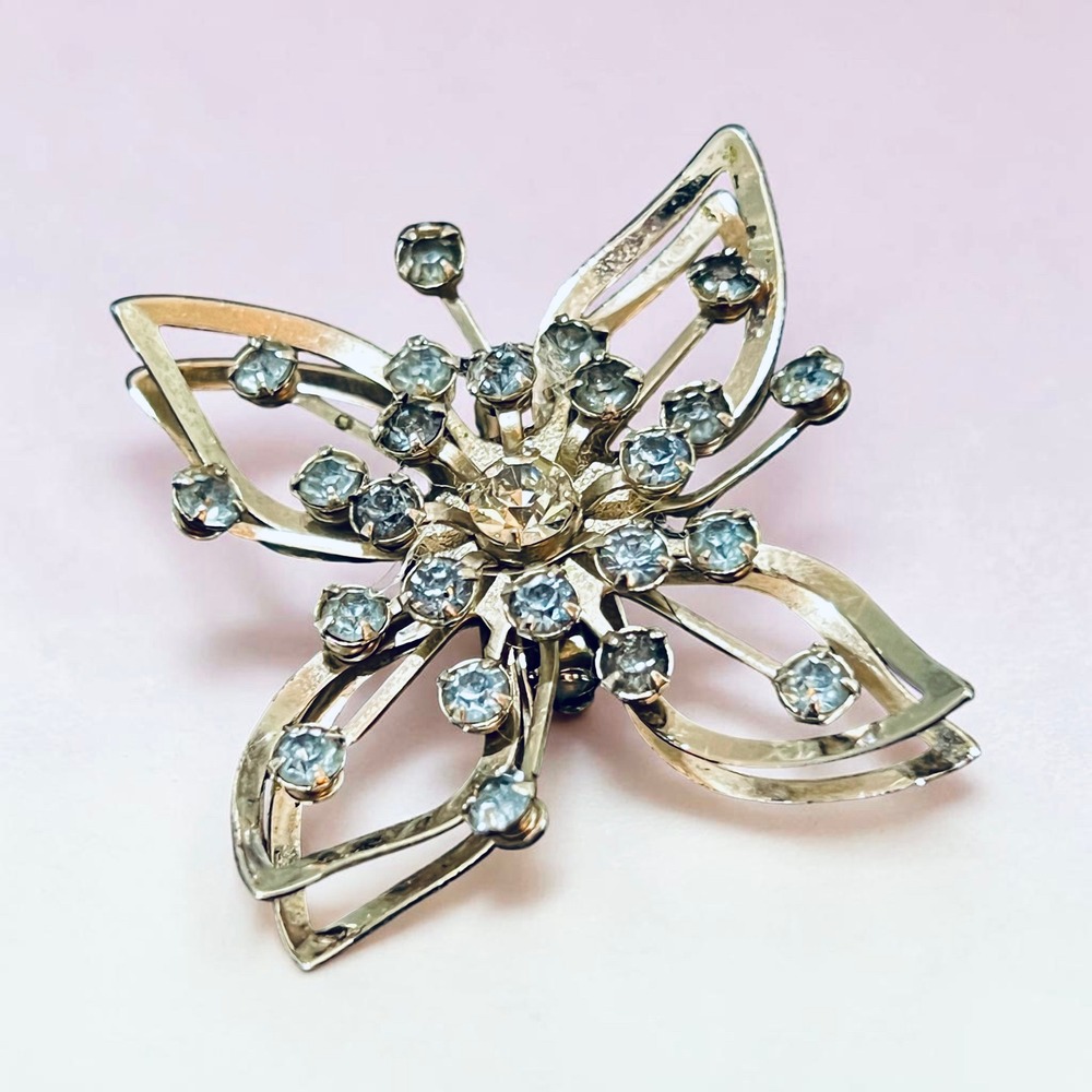 Vintage 90s Floral Brooch Silver Tone Blue Rhinestone Butterfly Pin 2 Inch
